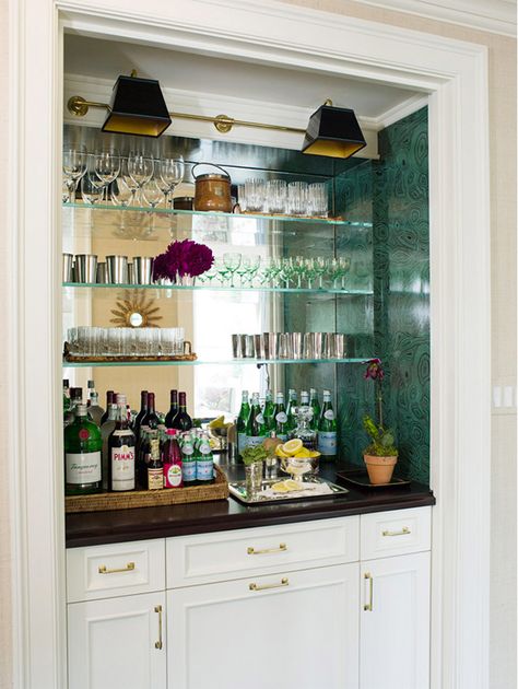 this is completely wrong although the mirrior and glass shelving is something which mazza said she liked Closet Conversion, Bar Nook, Bar Deco, Closet Bar, Bar In Casa, Built In Bar, Bar Mirror, Mirrored Wall, Classic Kitchen