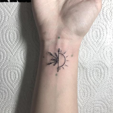 Half Sun Half Snowflake Tattoo, Sun And Snow Tattoo, Sun And Snowflake Tattoo, Tiny Snowflake Tattoo, Snowflake Tattoo, Snow Tattoo, Sunshine Tattoo, Snow Flake Tattoo, Circle Tattoos