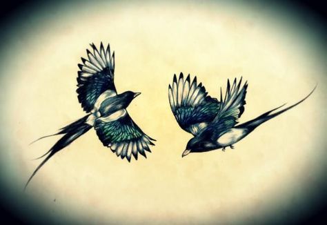 magpies - one for sorrow, two for joy Magpie Tattoo, Bird Tattoos Arm, Bird Tattoo Meaning, Tattoo Sleeve Filler, Vogel Tattoo, Black Bird Tattoo, Tattoo Shoulder, Social Art, Bird Tattoo