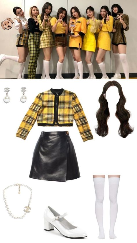 Twice Outfits Inspired, Twice 10th Member Outfits, Yellow Plaid Outfit, Consert Outfits, Celana Jogger Wanita, Kpop Concert Outfit, Outfit Korean Style, Preformance Outfits, Teenager Outfits