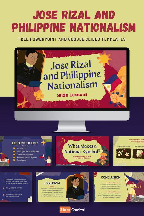 Bring the spirit of Philippine nationalism to your classroom with this vibrant, mixed media collage presentation template. Perfect for teachers, this multicolored slideshow template is designed to captivate and educate, making it easy to highlight the life and legacy of Jose Rizal. Use it for history lessons, special commemorations, or engaging student discussions. This dynamic template ensures your slides are as inspiring as the stories you tell. Jose Rizal Ppt Template, Collage Presentation, Dynamic Template, Slideshow Template, Jose Rizal, Google Slides Presentation, Slides Presentation, Ppt Design, National Symbols