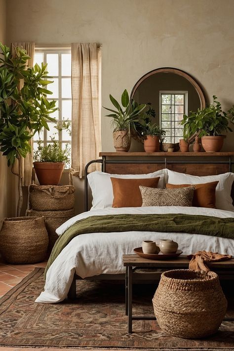 Home Interior Design Mediterranean, Bedroom Design Nature, Aesthetic Rustic Bedroom, Contemporary Boho Interior Design, Moody Bohemian Decor, Fresh Bedroom Aesthetic, Scandi Guest Bedroom, Dream Bedroom Master Earthy, Cozy Home Interior Bedroom