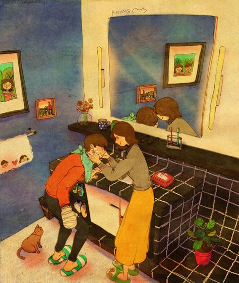 Helping Him When He's Sick Puung Couple, Puuung Love Is, Illustration Photo, Couple Illustration, Cute Love Stories, Love Illustration, Cute Couple Art, Couple Drawings, Korean Artist