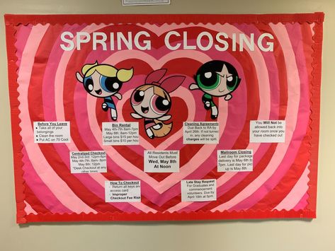 A Powerpuff girl themed bulletin board perfect for your college floor theme. Bulletin Boards For Elementary Hallway, Kawaii Bulletin Board, Ra Bulletin Boards Barbie, Girly Bulletin Board, Cartoon Bulletin Board Ideas, Barbie Bulletin Board, Dorm Floor Themes, Ra Bulletin Boards Spongebob, Disney Ra Bulletin Boards