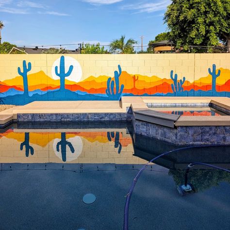 The mural is finished! I've been so engrossed with the van build this year that I haven't done much painting, so this 65' wall was a perfect canvas to satisfy my artistic itch! The bold colors really transformed the backyard and I love how they reflect in the pool. This was such a fun project and I'm grateful to @sandybjohnson for giving me the opportunity to create it! Mural Art Design, Van Build, I'm Grateful, Im Grateful, In The Pool, Mural Art, Backyard Ideas, Be Bold, Cartoon Kids