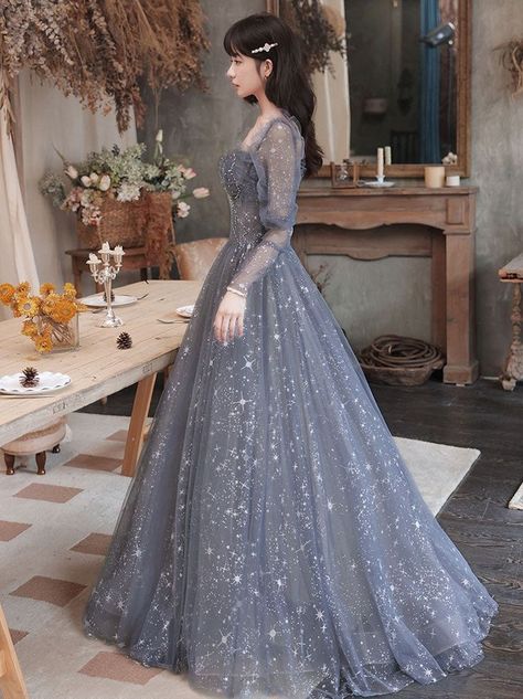 Korean Gown, Lace Long Prom Dress, Grey Evening Dresses, Grey Gown, Sequin Evening Dresses, Prom Dresses Modest, Blue Tulle, Short Prom Dress, Custom Size Dresses