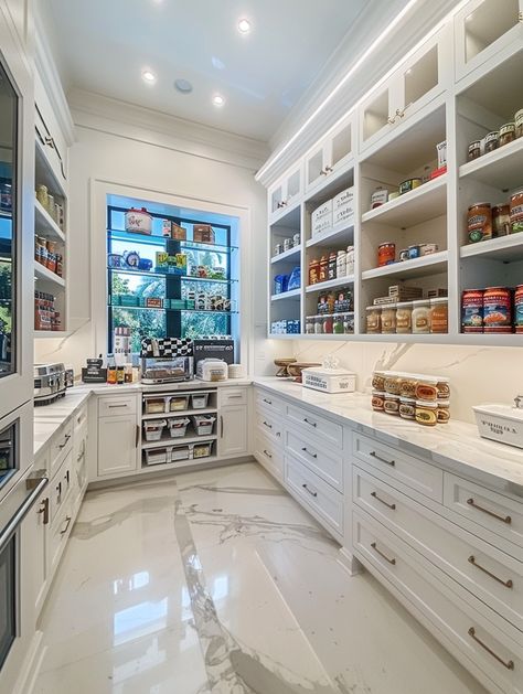 Big Pantry Walk In, Walk In Kitchen Pantry Design, Walk In Fridge For Home, Walk In Freezer Home, Oven In Pantry, Pantry With Windows, Modern Pantry Design Walk In, Hidden Butlers Pantry Walk In, Big Pantry Ideas Walk In