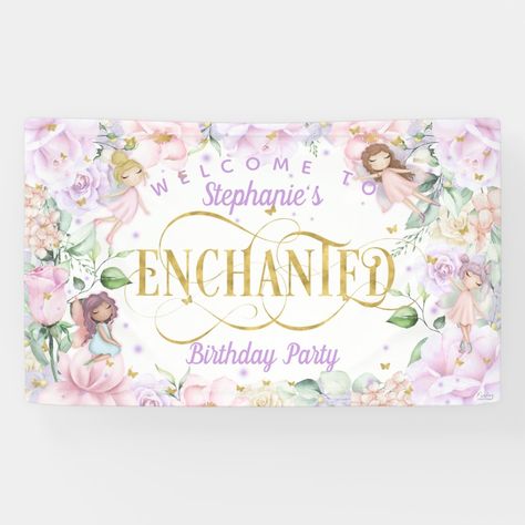 Garden Birthday Backdrop, Pink Flowers Party, Purple Flowers Birthday, Fairy Flower Garden, Fairy Birthday Themes, Girls Birthday Party Decorations, Enchanted Fairy, Enchanted Fairies, Banner Size