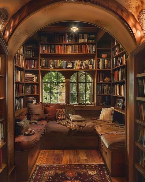 Modern Cottage Library, Home With Library, Office With Lots Of Books, Library Corner In Bedroom, Home Library Rustic, Cosy Library Aesthetic, Vintage Homes Interior, Cute Library Ideas, Library Room In House