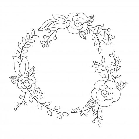 Floral wreath in round frame Premium Vec... | Premium Vector #Freepik #vector #background Floral Drawing Ideas, Embroidery Flower Wreath, Flower Round Frame, Floral Wreath Drawing, Embroidery Drawing, Banner Flower, Embroidery Stitches Flowers, Floral Desing, Hand Embroidery Patterns Free