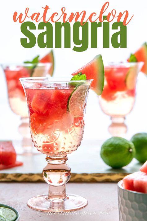 Made with fresh watermelon and rosé wine, this watermelon sangria is the perfect drink for a summer party or cookout. Best Sangria Recipe, Watermelon Sangria, Easy Sangria Recipes, Easter Drink, Yummy Summer Cocktails, Watermelon Mojito, Watermelon Drink, Jello Shot, Cocktail Drinks Alcoholic