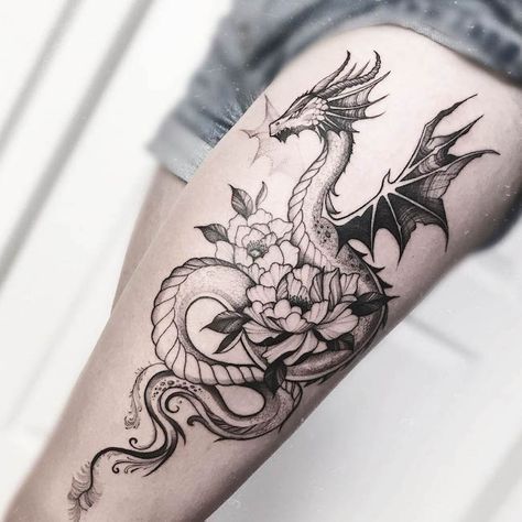 Dragon Tattoo Styles, Dragon Thigh Tattoo, Black Dragon Tattoo, Animal Tattoos For Women, Dragon Tattoos For Men, Small Dragon Tattoos, Dragon Tattoo Art, Small Shoulder Tattoos, Dragon Sleeve Tattoos