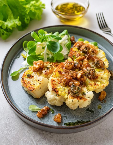 This easy grilled or roasted cauliflower steak recipe is crispy, tender and caramelized, with simple ingredients: oil, spices, salt & pepper. Carmelized Cauliflower, Honey Roasted Cauliflower, Honey Mustard Cauliflower, Cumin Cauliflower, Chickpea Masala, Cauliflower Steaks Recipes, Baked Collie Flower Roasted Cauliflower, Roasted Cauliflower Steaks, Vegan Main Course