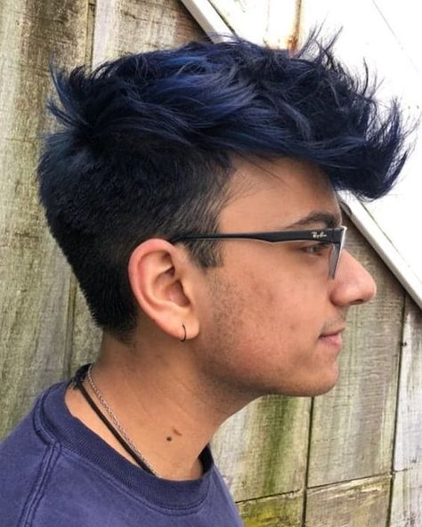 30 Cute Male Hairstyles for Men who Love to Look Good Men Blue Highlights Hair, Mens Hair Color Ideas Highlights, Brown Men Hair Color, Mens Hair Colour Ideas, Dark Blue Mens Hair, Dark Blue Hair Color Men, Guy Colored Hair, Blue Hair Highlights Men, Navy Blue Hair Men