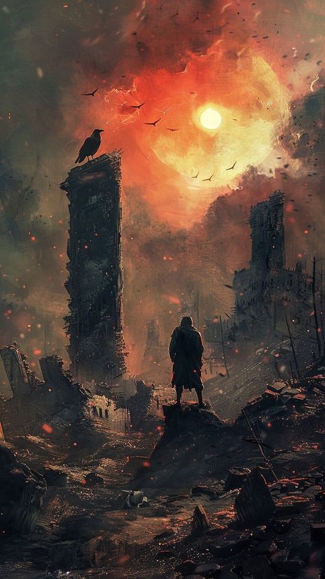 A desolate landscape, scorched and barren, the sun a malevolent eye in the sky. A lone figure, shrouded in darkness, stands amidst the ruins of a once-thriving city. A single raven perches on a broken column, its cry echoing the emptiness of a world forsaken by God. City Ruins Aesthetic, Destroyed Earth, Ruins Drawing, Dark Ruins, City Reference, Desolate Landscape, City Ruins, Models Architecture, Eye In The Sky