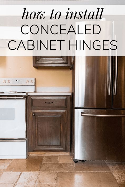 Tips and tricks for installing euro-style concealed hinges. How to swap out your visible hinges for concealed hinges quickly and easily #kitchen #cabinets #diy Hidden Hinges Cabinets, Kitchen Hinges, Concealed Cabinet, Cupboard Hinges, Update Kitchen Cabinets, Overlay Hinges, Invisible Hinges, Kitchen Cabinets Hinges, Espresso Cabinets