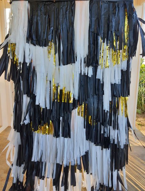 Fringe backdrop for parties Black Gold White Backdrop, Black Fringe Backdrop, Gold Streamer Backdrop, Black And White Fringe Backdrop, White And Gold Streamer Backdrop, Black And Gold Fringe Backdrop, Foil Fringe Backdrop Baby Shower, Gold Tassel Garland, 90s Theme Party