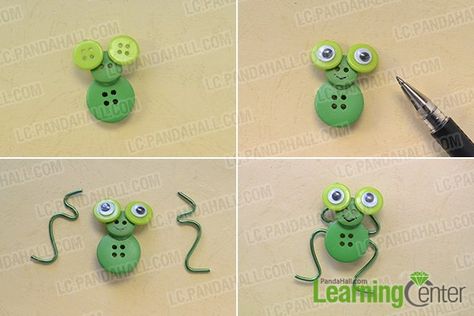 How to Make Cute Frog and Fish Made from Acrylic and Wooden Buttons - Pandahall.com Frog Ornaments Diy, Fairies Garden, Wire Ideas, Frog Ornaments, Frog Crafts, Animal Tails, Swap Ideas, Needle Cases, Cute Frog