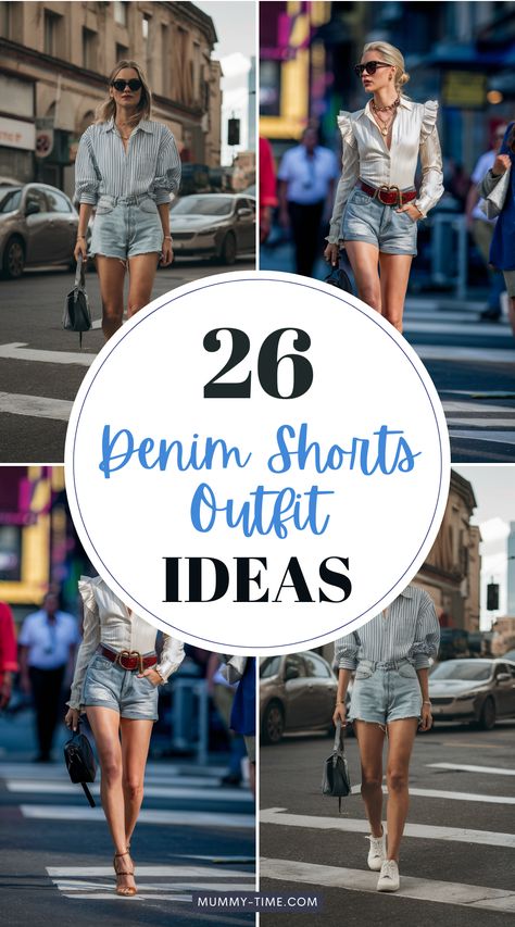 Create chic and trendy looks with our denim shorts outfit ideas! 🌸👖 Whether you're dressing for day or night, we've got the perfect outfit inspiration. These denim shorts outfit ideas will keep you on point. Check them out now! 🌟 #FashionInspo #StyleTips #DenimStyle How To Wear Denim Shorts Summer Outfits, Denim Shorts With Shirt Outfit, How To Dress Up Jean Shorts, High Waist Denim Shorts Outfit, Black Jean Shorts Outfit Summer Casual, Curvy Shorts Outfit, Pink Denim Shorts Outfit, Fall Outfits With Shorts, Ripped Denim Shorts Outfit