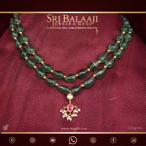 Elegance in Every Gram: Adorn yourself with this exquisite green stone necklace featuring a delicate @2.5 gram pendant . Ruby Jewelry Necklaces Gold, Jewelry Necklaces Gold, Green Beads Necklace, Statement Jewelry Outfit, Lightweight Jewellery, Simple Elegant Necklace, Ruby Jewelry Necklaces, Real Pearl Jewellery, Coral Jewelry Set