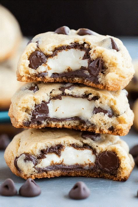 Cheesecake Stuffed Chocolate Chip Cookies, Chocolate Chip Cream Cheese Cookies, Cheesecake Stuffed Cookies, Cream Cheese Chocolate Chip Cookies, Soft Chewy Chocolate Chip Cookies, Stuffed Chocolate Chip Cookies, Spring Baking, Chocolate Chip Cheesecake, Cream Cheese Cookies