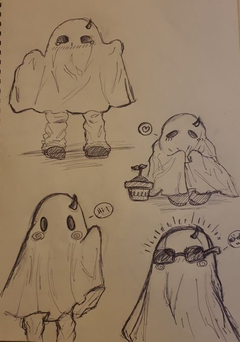 Cute Ghost People Drawings, Pumpkin Drawing Ideas Halloween, Bedsheet Ghost Drawing, Ghost With Glasses Drawing, Human Ghost Drawing, Simple Halloween Sketches, Drawing Halloween Ideas, Cute Ghosts Drawings, Ghost People Drawing