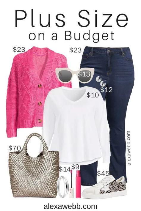 Plus Size on a Budget - Hot Pink Cardigan - A plus size outfit for fall and winter with a hot pink cardigan, bootcut jeans, woven tote bag, and star sneakers. Alexa Webb Hot Pink Cardigan Outfit, Cardigan Outfit Plus Size, Plus Size On A Budget, Pink Cardigan Outfit, Hot Pink Cardigan, Alexa Webb, Plus Size Winter Outfits, Casual Chic Outfits, Budget Outfits