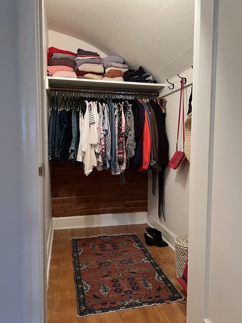 Old house small closet update! / Create / Enjoy Old House Closet Makeover, Old Coat Closet Makeover, Closet Organization Old House, Converting Coat Closet To Storage, Old House Small Closet, Rental Closet, Narrow Closet, House Closet, Shallow Shelves