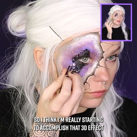 Geode Makeup Transformation 😱 | I did an insane Geode illusion 😲 | By Jo Steel | Facebook | Hi, everyone. Today, I'm recreating a look I did in twenty nineteen. It was a geode makeup on the side of my face and I've been having fun doing recreations lately. I think it's good to test my skills and see how I've grown and for today's look, I'm going to elevate it by using actual crystals as a part of the look. So, I will be painting some on. I'll do similar to what I did in the original makeup whe Geode Makeup, How To Paint Geode, Blue Agate Geode Wallpaper Room, Geode Shower Curtain, Purple Geode Art, Makeup Transformation, Canvas Art Painting, Face Art, Face Paint