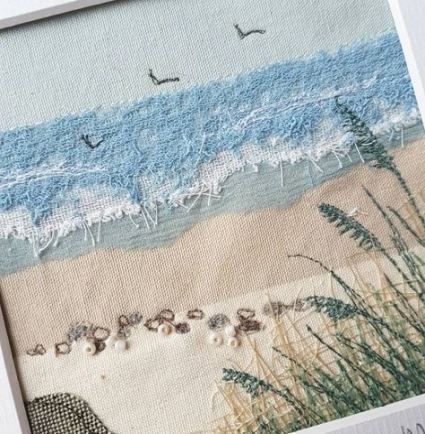 Alison Whateley, Seascape Quilts, Textile Collage, Beach Quilt, Landscape Art Quilts, Landscape Quilt, Textile Art Embroidery, Fabric Postcards, Creative Textiles