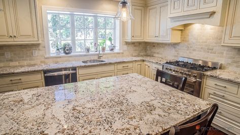 Bianco Antico Kitchen Granite Countertop and Table | Marble.com Granite Backsplash Kitchen, Unique Kitchen Countertops, Granite Countertops Colors, Granite Backsplash, White Granite Countertops, Kitchen Granite, Marble Countertops Kitchen, Classic White Kitchen, Table Marble