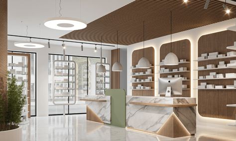 1 new message Modern Pharmacy Design, Pharmacy Layout, Charming Storefronts, Two Person Desk, White Ceiling Light, Pharmacy Design, Display Furniture, Stone Veneer, Reception Desk