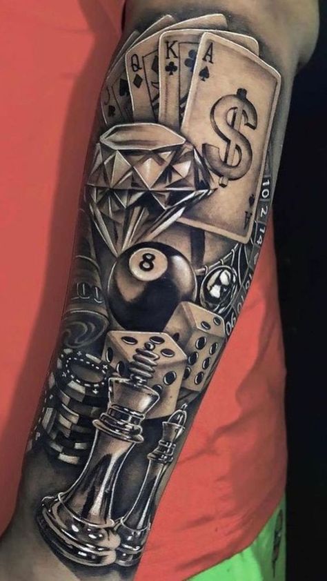 Gambling Tattoo Ideas, Cruces Tattoo, Poker Tattoo, Casino Tattoo, Dice Tattoo, Egyptian Tattoo Sleeve, Feminine Tattoo Sleeves, Worlds Best Tattoos, Cute Hand Tattoos