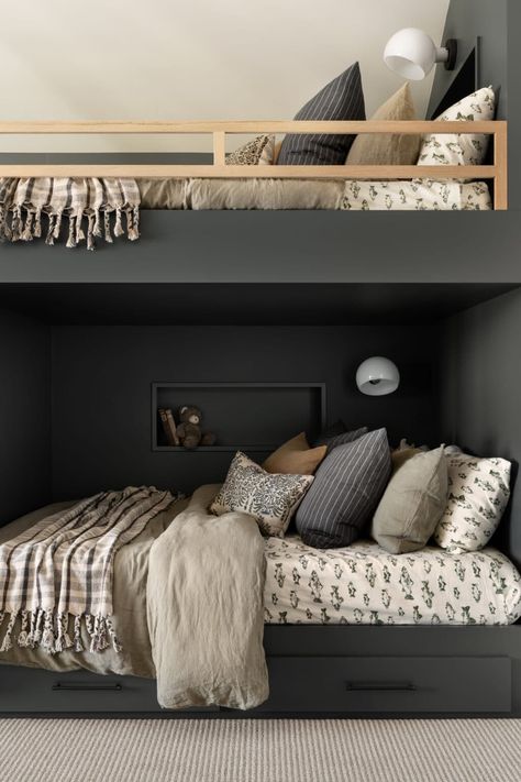 Water's Edge - Studio McGee Space Boys Bedroom, Eclectic Shelving, Bunk Bed Room, Bunk Beds Boys, Boys Bedroom Ideas, Cozy Beds, Mcgee Home, Bunk Beds Built In, Built In Bunks