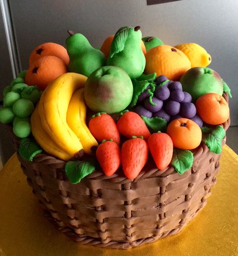 Fruit basket made with fondant and the fruit all made from home made marzipan Fruit Basket Cake Design, Fondant Vegetables, Fruit Basket Cake, Basket Cakes, Fondant Fruit, Fruit Baskets Diy, Illusion Cakes, Marzipan Cake, Basket Of Fruit