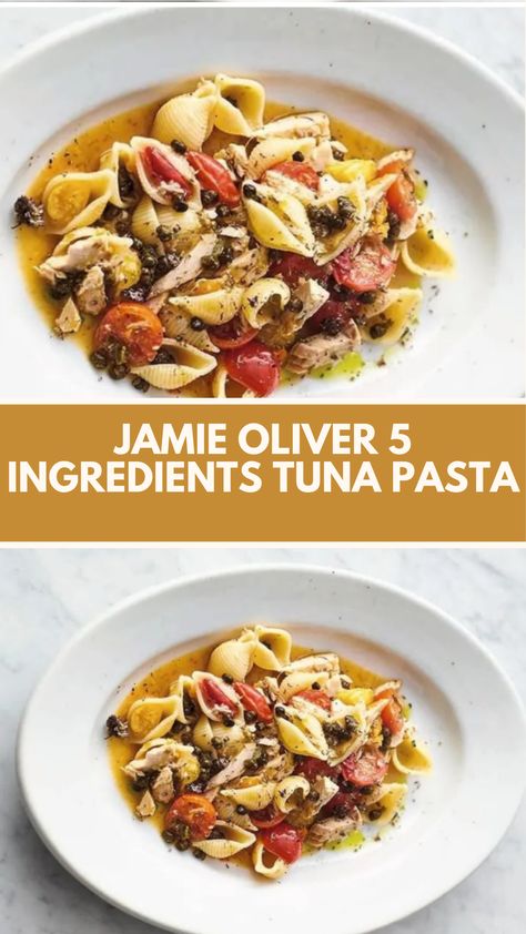 Jamie Oliver 5 Ingredients Tuna Pasta (Sicilian tuna pasta) is made with pasta shells, baby capers, cherry tomatoes, dried oregano, and tuna in olive oil. This easy Tuna Pasta recipe creates a delicious dinner that takes about 20 minutes to prepare and can serve up to 4 people.

This Tuna Pasta Recipe Is From 5 Ingredients: Quick & Easy Food Cookbook by Jamie Oliver Pasta Tuna Recipes, Tuna Pasta Recipes, Pasta With Capers, Easy Tuna Pasta, Jamie Oliver 5 Ingredients, Pasta With Tuna, Pasta With Olives, Shell Pasta Recipes, Chicken Fettuccine