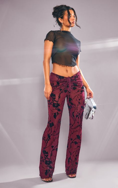 Make everyone stop and stare this weekend with these red floral flocked mesh ruched front pants. Brought to you in a red mesh material with a floral flocked design and ruched front detailing, how could you say no These pants give you the ultimate flattering fit and is sure to gain you all the compliments. Team with a mesh top, clear heels and silver accessories for a flawless finish.   Length approx 81.5cm/32 (Based on a sample size UK 8)   Model wears size UK 8/ EU 36/ AUS 8/ US 4   Model Heigh 90s Girl Fashion, Unique Pants, Festival Rave Outfit, Mesh Pants, 2024 Color, Clear Heels, 2024 Fashion, Silver Accessories, Dope Nails