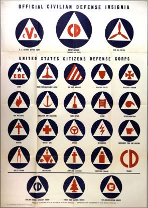 “Official Civilian Defense Insignia, United States Citizens Defense Corps,” US Office of Civilian Defense, 1942 (Gilder Lehrman Collection) Civil Air Patrol, Civil Defense, Military Insignia, Art Appliqué, Emergency Management, Atomic Age, Propaganda Posters, Design Strategy, Atom