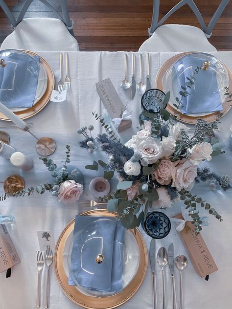 Table Decor For Family Style Meal, Light Blue And Cream Wedding Theme, Powder Blue And Gold Wedding, Steel Blue Wedding Decor, Soft Blue Wedding Theme, Bridgerton Wedding Ideas, Bridgerton Inspired Wedding, Baby Blue Weddings, Blue Wedding Decorations