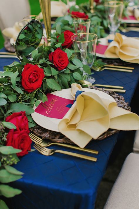 Gold Outdoor Wedding, Navy Wedding Centerpieces, Red And Gold Quince, Beauty And The Beast Quince, Beauty And The Beast Wedding Theme, Wedding Table Pink, Beauty And Beast Birthday, Beauty And The Beast Wedding, Navy Blue And Gold Wedding