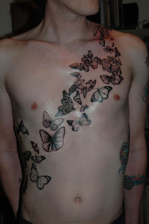 black+and+gray+butterfly+tattoo | Ghostprint Gallery Tattoo : Tattoos : Black and Gray : butterfly swarm Butterfly Swarm, Cool Back Tattoos, Gallery Tattoo, Small Chest Tattoos, Paradise Tattoo, Lady Bug Tattoo, Insect Tattoo, Fairy Tattoo Designs, Chest Tattoos For Women