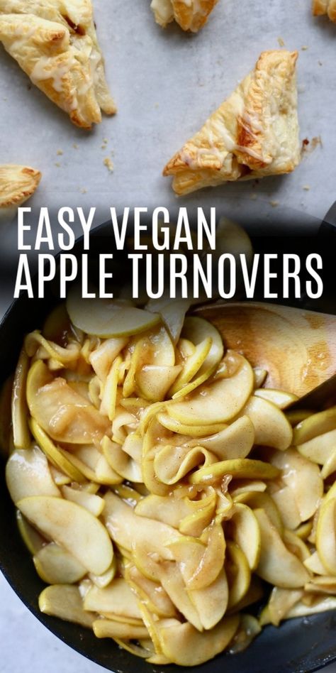 Easy Vegan Apple Turnovers! Enjoy apple pie the easy way with these Vegan Apple Turnovers! Made with a flaky, puff pastry crust and soft cinnamon and sugar apple center, these turnovers will be gobbled up by your friends and family in no time! #veganturnovers #veganappleturnovers #appleturnovers #veganapplepie #applepie #turnovers #homemadeapplepie #homemadeveganapplepie #veganthanksgivingrecipes #thanksgiving Vegan Apple Turnovers, Baking Pastries, Apple Center, Cafe Recipes, Vegan Apple Pie, Puff Pastry Crust, Thanksgiving Breakfast, Turnover Recipes, Fall Vegan Recipes