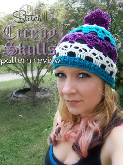 Creepy Skull Slouch - Pattern Review - Stitch11 Skull Crochet, Crochet Skull Patterns, Beanie Design, Creepy Skull, Spider Skull, Crochet Adult Hat, Hats Design, Stitches Design, Crochet Skull