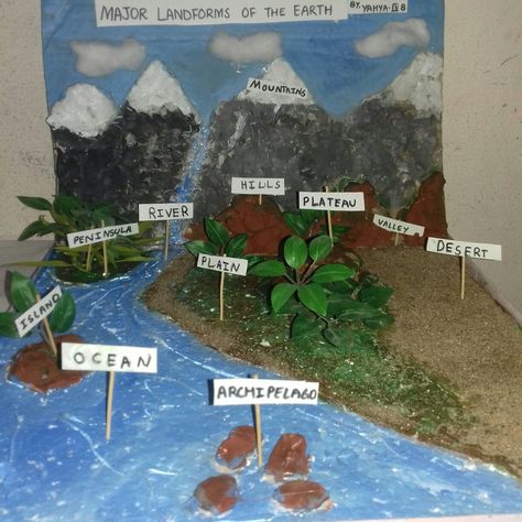 A model of the major landforms of the earth for my son's school project ☺ River Model School Project, Landforms Diorama, Major Landforms Of The Earth, Landforms Model Projects, Landforms Project, Natural Resources Activities, Landform Projects, Earth Science Projects, Social Science Project