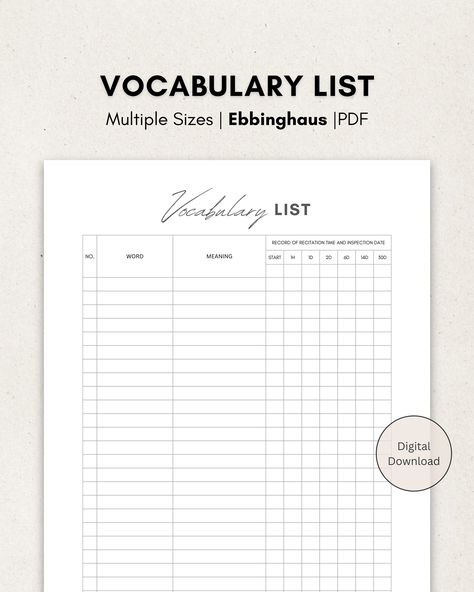 Vocabulary List Worksheet Printable, , Boost Your Memory and Retention, Language Study Notebook Template plannerprintables #landscapedigitalplanner #plannerinspo📕. Vocabulary Template, Planners Templates, Vocabulary Journal, Notebook Template, Student Planner Printable, Notebook Templates, Study Notebook, Budget Planner Template, Effective Teaching