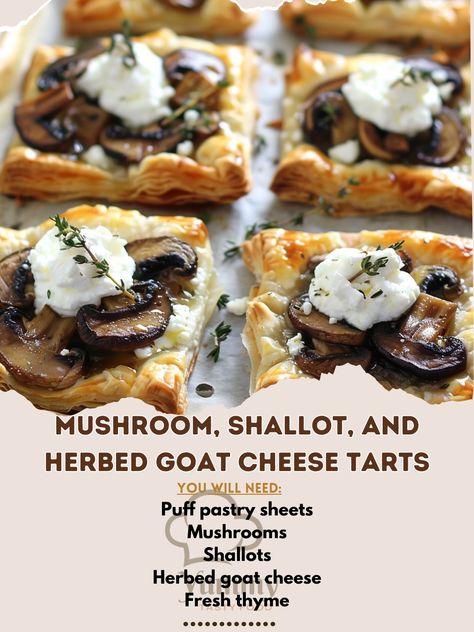 🍄🧀 Indulge in the rustic charm of Mushroom, Shallot, and Herbed Goat Cheese Tarts! Elegant and flavorful. #SavoryTartTemptation Mushroom, Shallot, and Herbed Goat Cheese Tarts Ingredients: Puff pastry sheets (1 package) Mushrooms, sliced (1 cup) Shallots, minced (1/2 cup) Herbed goat cheese (1/2 cup) Fresh thyme (1 tbsp) Olive oil (2 tbsp) Instructions: Preheat oven to 400°F. Sauté mushrooms and shallots in olive oil until caramelized. Cut puff pastry into squares, place on baking sheet. To... Dinner Party Recipes Elegant, Mushroom Shallot, Sauté Mushrooms, Goat Cheese Tarts, Herbed Goat Cheese, Heart Healthy Recipes Low Sodium, Goat Cheese Tart, Meat Diet, Cheese Tarts