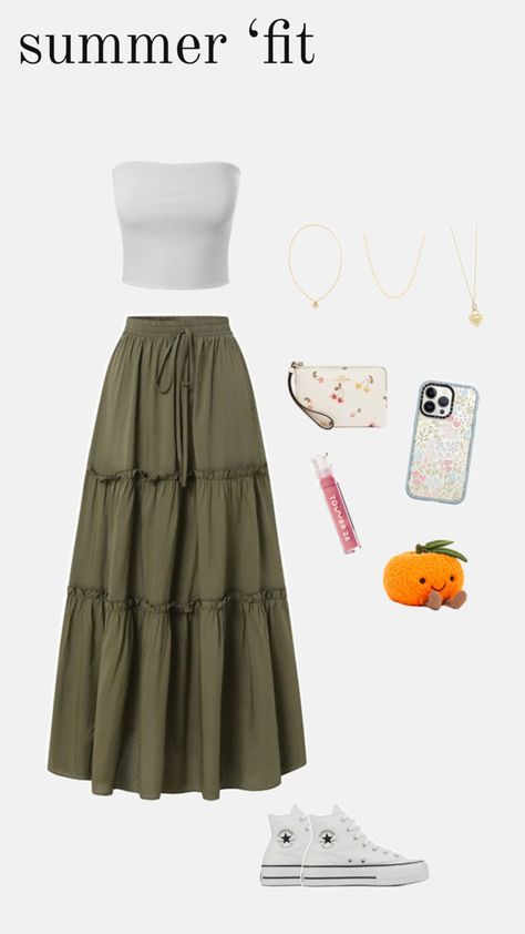 aesthetic summer outfit long float skirt white top green floral cute converse summer outfit inspo aesthetic summer outfit spring accessories cute accessories summer Green Floral Skirt Outfit, Converse Summer Outfit, Float Skirt, Converse Summer, Green Skirt Outfits, Green Top Outfit, Long Green Skirt, Floral Skirt Outfits, White Converse Outfits