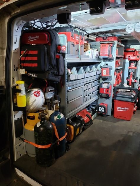 Hvac Service Van Organization, Service Van Organization, Ford Transit Work Van Organization, Hvac Van Organization, Work Truck Organization, Work Truck Storage, Milwaukee Tool Box, Van Layout, Van Organization