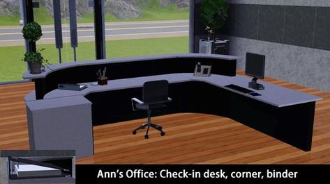 Ann's Office Part 2 (4 new meshes): Check-in desk, reception desk, check-in corner, binder. There are 2 or 3 slot on the top to place small items.  Found in TSR Category 'Sims 3 Study Room Sets' Aesthetic Sisters, Receptionist Desk, Round Desk, Desk Reception, Ts3 Cc, Big Desk, The Sims 3, Sims 4 Build, Sims Community