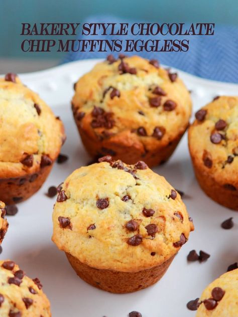 Easy Eggless Muffin Recipes, Eggless Muffins Recipes, Eggless Chocolate Chip Muffins, Daycare Recipes, Eggless Banana Muffins, Bakery Style Chocolate Chip Muffins, Eggless Muffins, Eggless Breakfast, Eggless Cookie